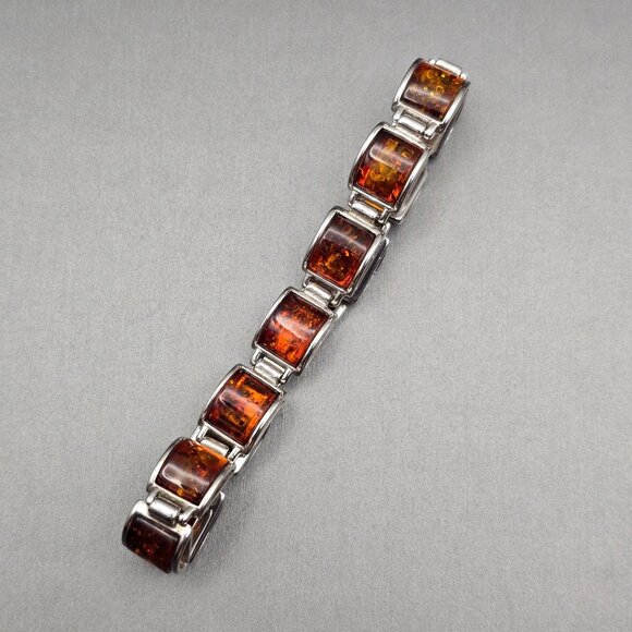 Sterling Silver & Amber Link Bracelet 8" Snap Clasp Czech Republic 21.94g Signed - Picture 4 of 11